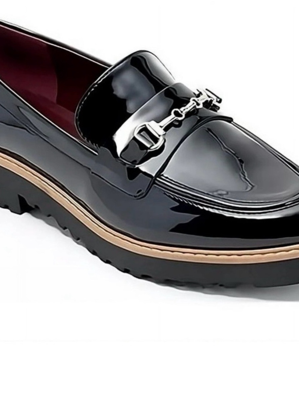 Franco Sarto Black Patent Loafer with Silver Hardware and Tan Trim
